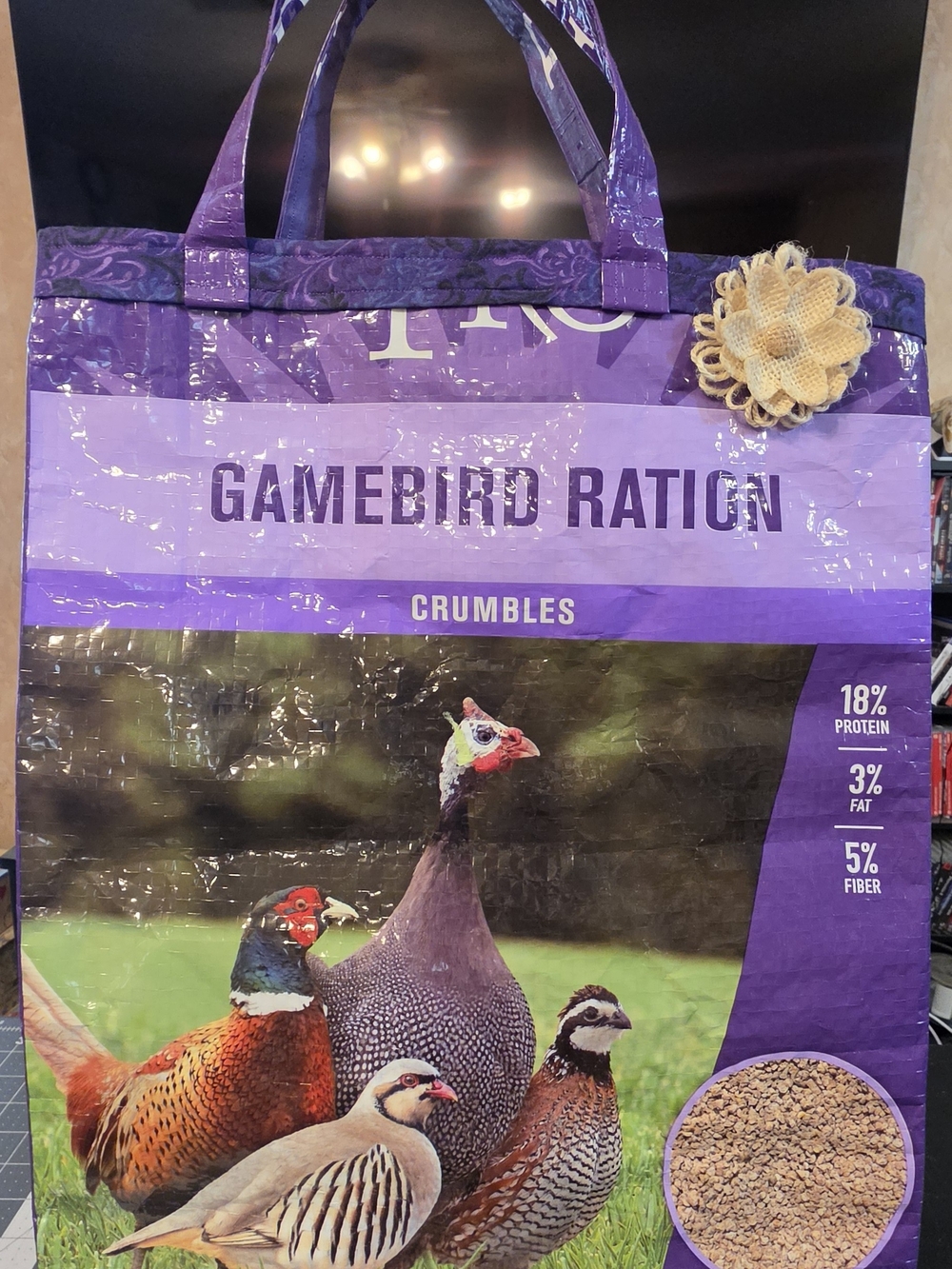 Feed Sack Gamebird Ration Crumbles Tote Bag - Purple;  Lined In Cotton W/ Pocket